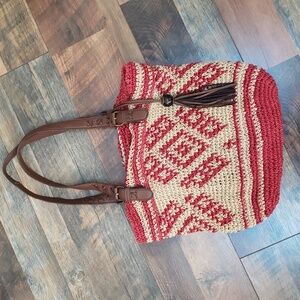 Lucky Brand Red and Tan Woven Tote with Brown Leather Handles